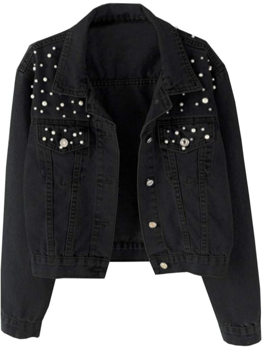 Women's Black Oversized Denim Jacket Embroidered Pearls Beading Jeans Coat